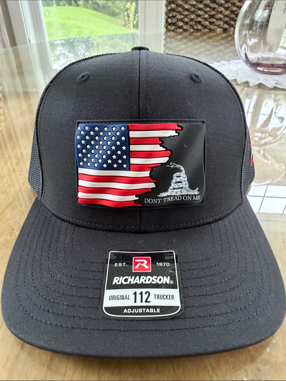 112 Trucker Cap with 'Don't Tread On Me' American Flag Patch - Black